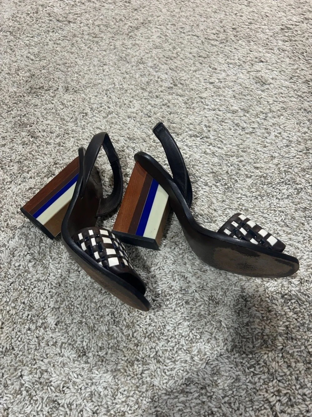 Tory Burch Black and White Woven Color Block Heel Slingback Sandals - Picture 2 of 4